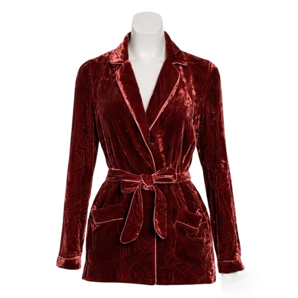 Barneys New York Italy Rust Burgundy Velvet Belted Blazer Jacket IT 42 US 6 - Picture 9 of 10
